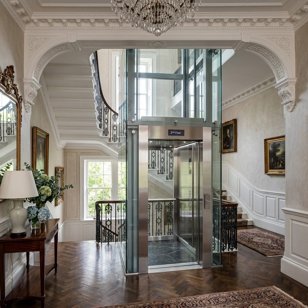 Glazen lift in traditioneel herenhuis na verbouwing in Utrecht